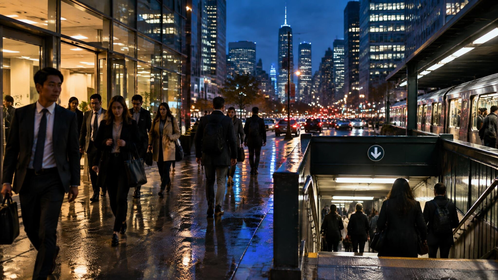 office workers leaving building
