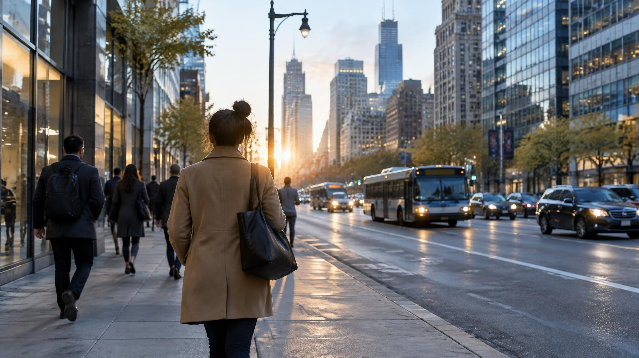 person walking busy city street at dawn