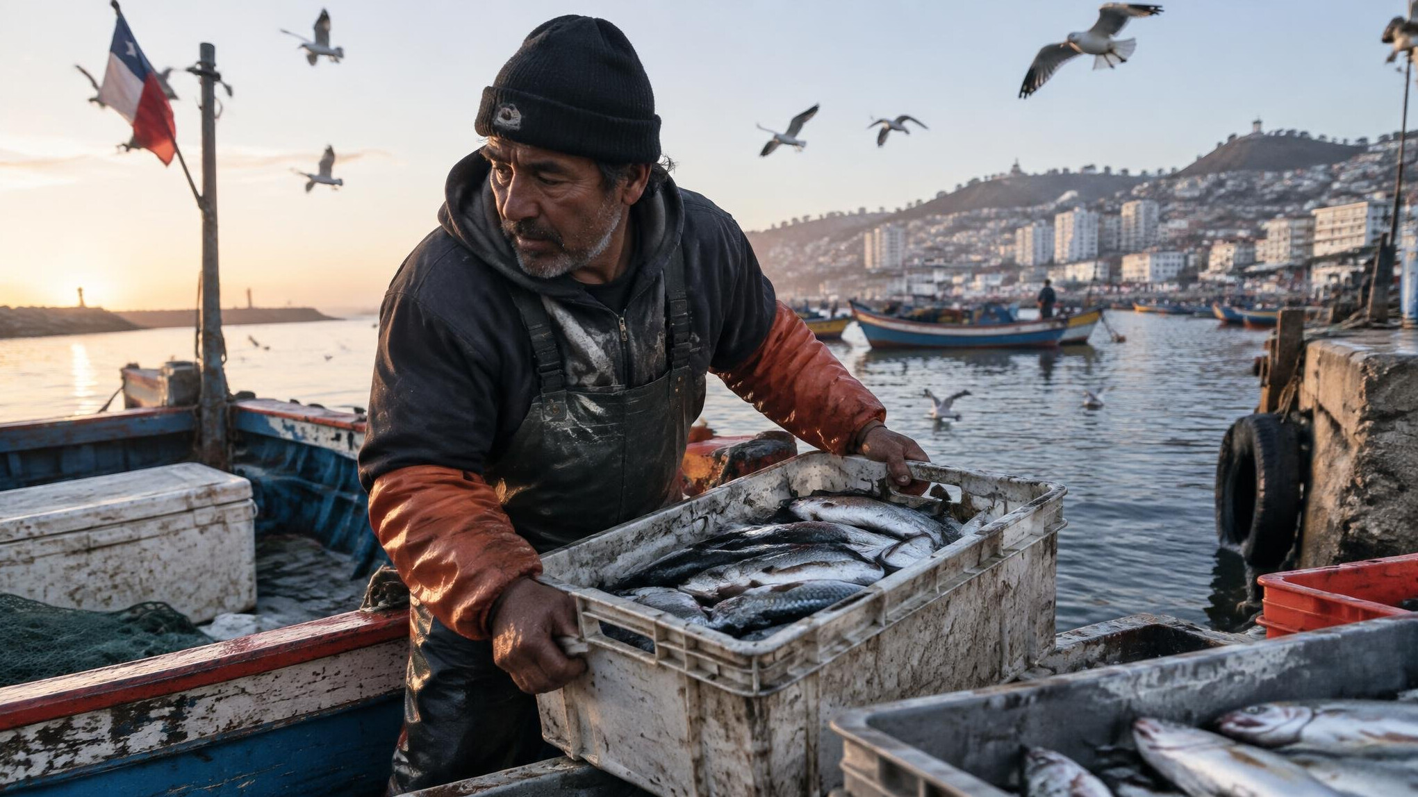 Fisherman unloading his catch at a small coastal harbor