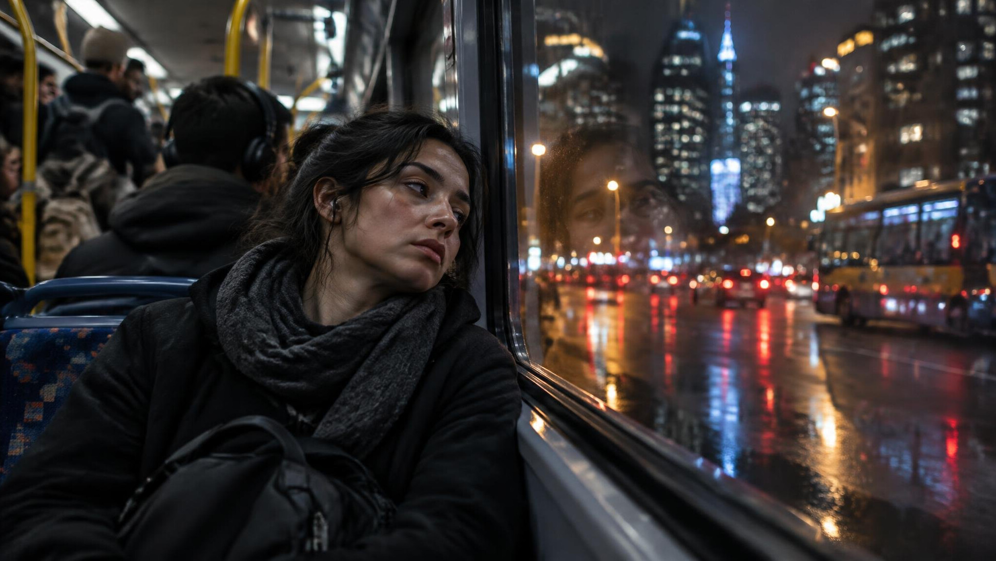 person on evening bus