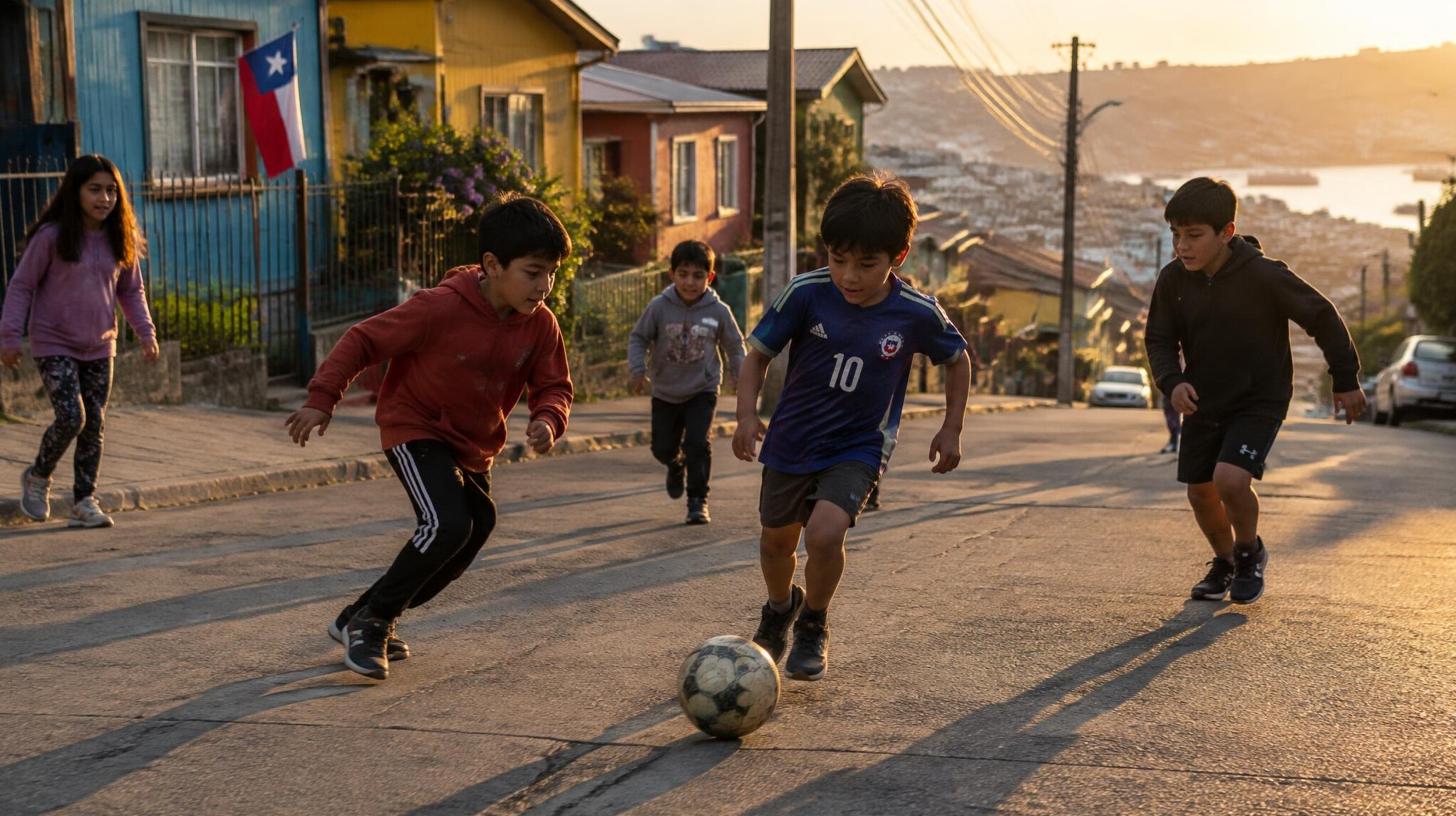 Children playing soccer on a residential street